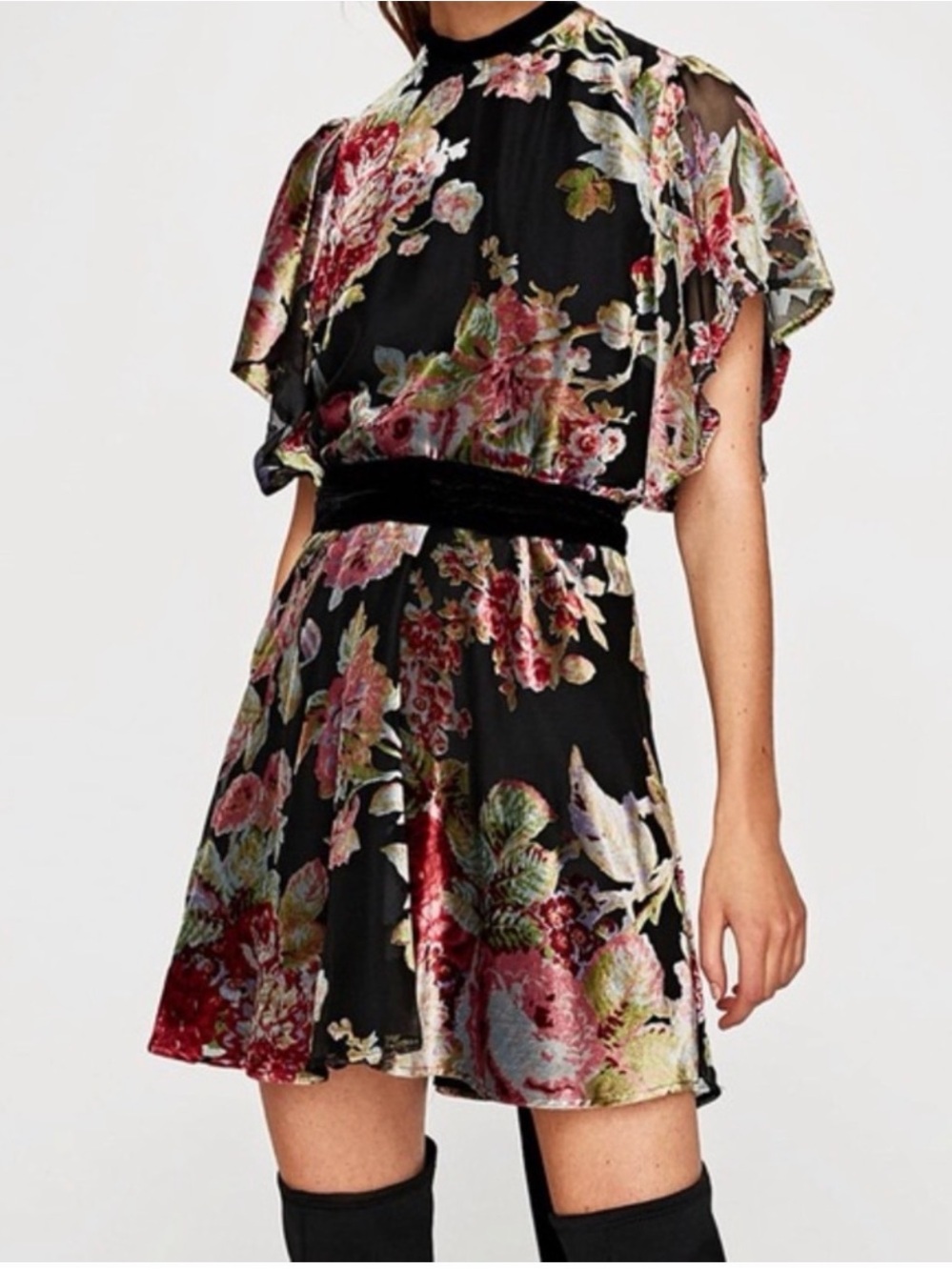 Zara Black Floral Velvet-Waist Mini Dress